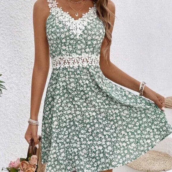 Multicolor Boho Womens Women's Sleeveless Floral Print Lace Splice Dress - Picture 1 of 6